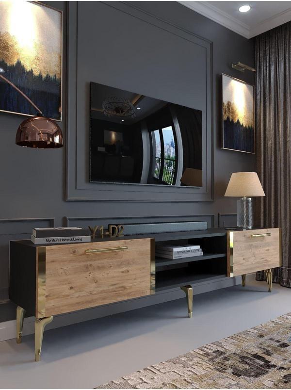 Myniture Home & Living Festival Tv Sehpası G3830-4-6-Y1-D2 Ant. Çam Gold Metal Kulp - Image 1