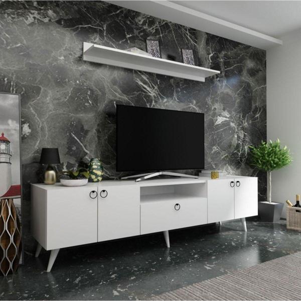 MobilyaFırsat Ideal Tv Ünitesi Duvar Raf Ve Duvar Dolaplı Q7027-1 Beyaz - Image 1