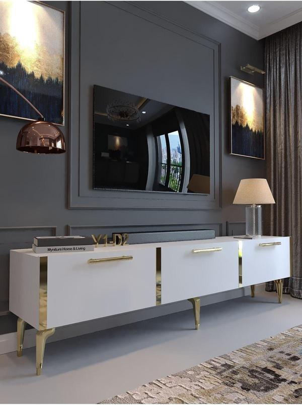 Myniture Home & Living Festival Tv Sehpası G3817-1-Y1-D2 Beyaz Gold Metal Kulp - Image 1