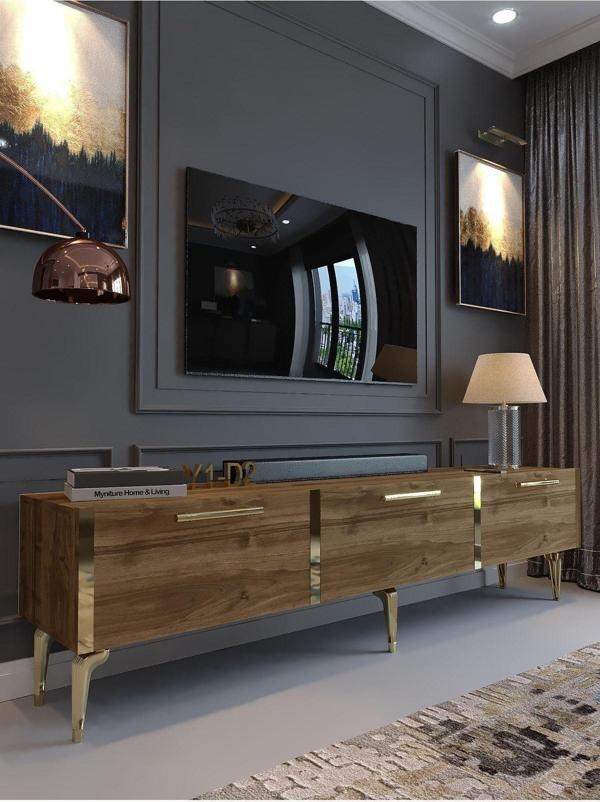 Myniture Home & Living Festival Tv Sehpası G3817-2-Y1-D2 Ceviz Gold Metal Kulp - Image 1
