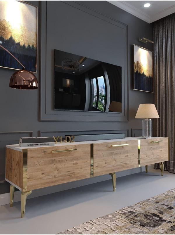 Myniture Home & Living Festival Tv Sehpası G3817-1-6-Y1-D2 Beyaz Çam Gold Metal Kulp - Image 1