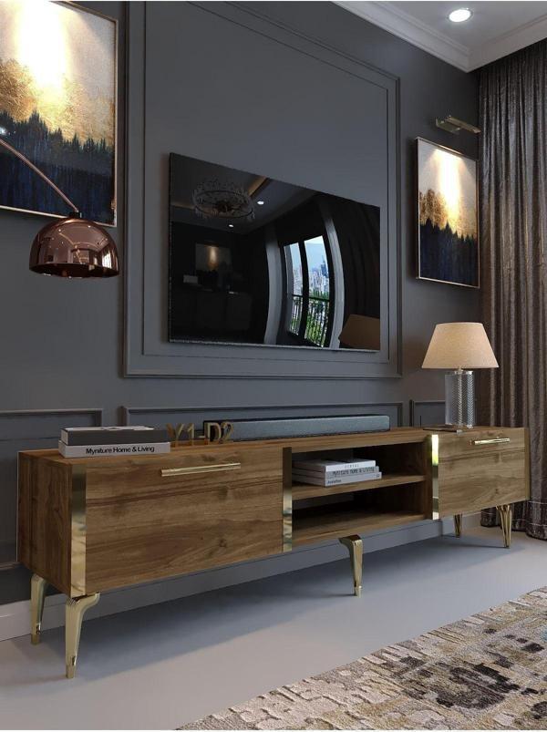 Myniture Home & Living Festival Tv Sehpası G3830-2-Y1-D2 Ceviz Gold Metal Kulp - Image 1