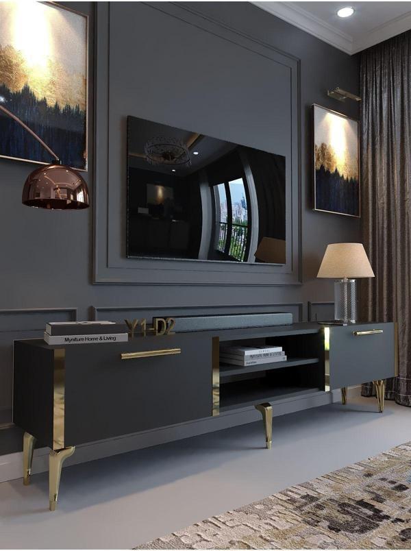 Myniture Home & Living Festival Tv Sehpası G3830-4-Y1-D2 Antrasit Gold Metal Kulp - Image 1