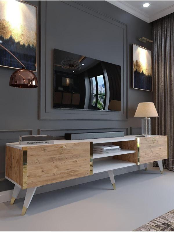 Myniture Home & Living Festival Tv Sehpası G3830-6-1 Gold Beyaz Atlantik Çam - Image 1