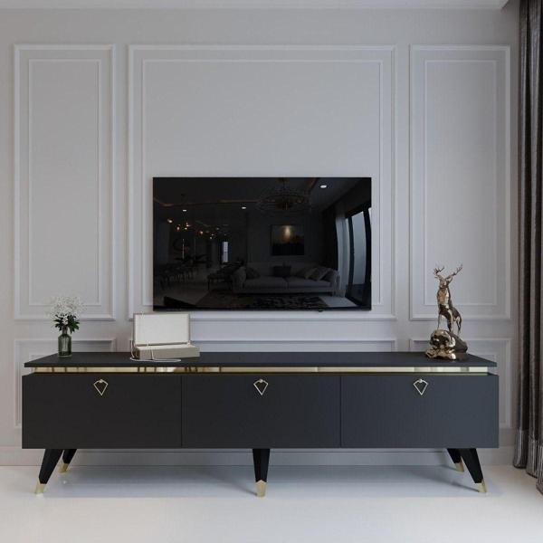 Myniture Home & Living Modern Tv Sehpası Gold Üçgen Kulp Kepli G9107-4 Antrasit 35 Cm Derinlik - Image 1