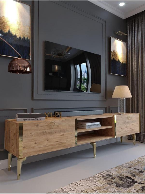 Myniture Home & Living Festival Tv Sehpası G3830-6-Y1-P1 Çam Gold Metal Kulp - Image 1