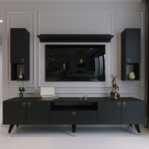 Myniture Home & Living Modern Tv Sehpası Gold Üçgen Kulp Kepli Q8025-4 Antrasit - Image 1