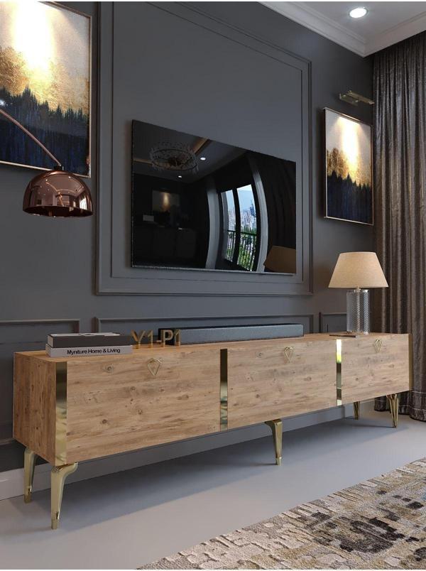 Myniture Home & Living Festival Tv Sehpası G3817-6-Y1-P1 Çam Gold Metal Kulp - Image 1