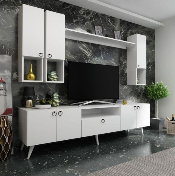MobilyaFırsat Ideal Tv Ünitesi Duvar Raf Ve Duvar Dolaplı Q7024-1 Beyaz - Image 1