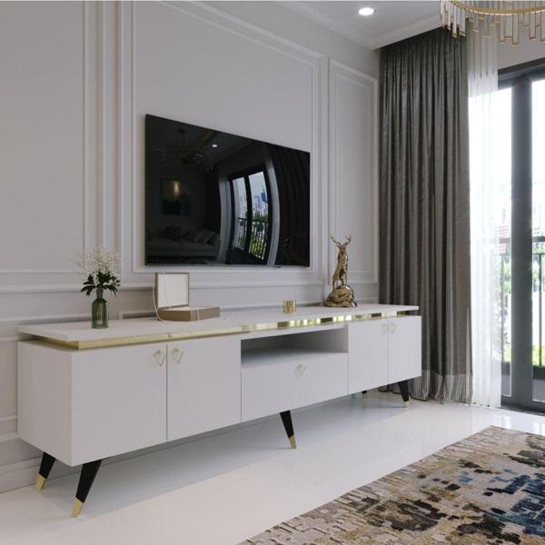 Myniture Home & Living Modern Tv Sehpası Gold Üçgen Kulp Kepli G0M24-1 Beyaz 35 Cm Derinlik - Image 1