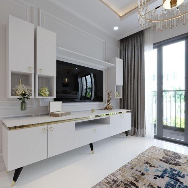 Myniture Home & Living Modern Tv Sehpası Gold Üçgen Kulp Kepli G9024-1 Beyaz 35 Cm Derinlik - Image 1