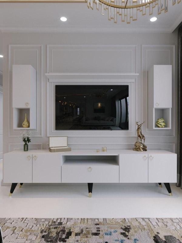 Myniture Home & Living Modern Tv Sehpası Gold Üçgen Kulp Kepli Q8025-1 Beyaz - Image 1