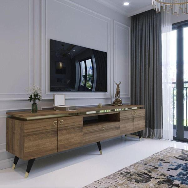 Myniture Home & Living Modern Tv Sehpası Gold Üçgen Kulp Kepli G0M24-2 Ceviz 35 Cm Derinlik - Image 1