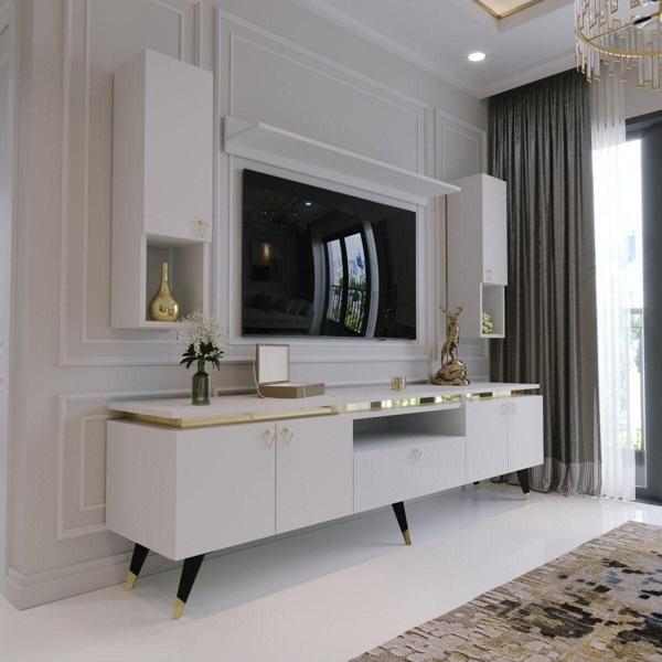 Myniture Home & Living Modern Tv Sehpası Gold Üçgen Kulp Kepli G9025-1 Beyaz 35 Cm Derinlik - Image 1