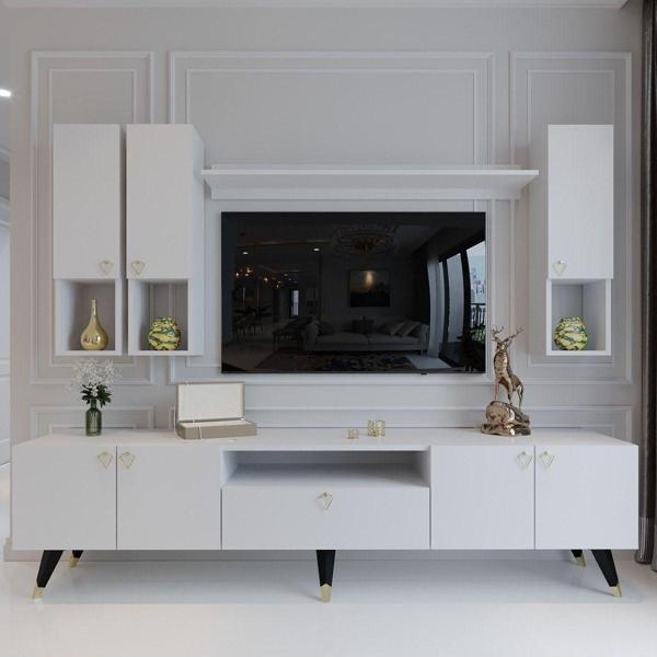 Myniture Home & Living Modern Tv Sehpası Gold Üçgen Kulp Kepli Q8024-1 Beyaz - Image 1