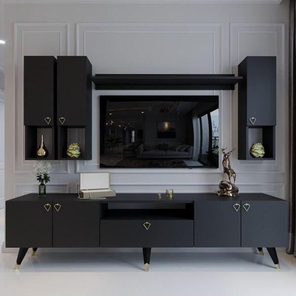 Myniture Home & Living Modern Tv Sehpası Gold Üçgen Kulp Kepli Q8024-4 Antrasit - Image 1