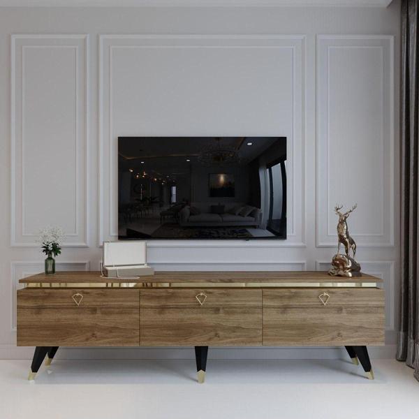 Myniture Home & Living Modern Tv Sehpası Gold Üçgen Kulp Kepli G9107-2 Ceviz 35 Cm Derinlik - Image 1