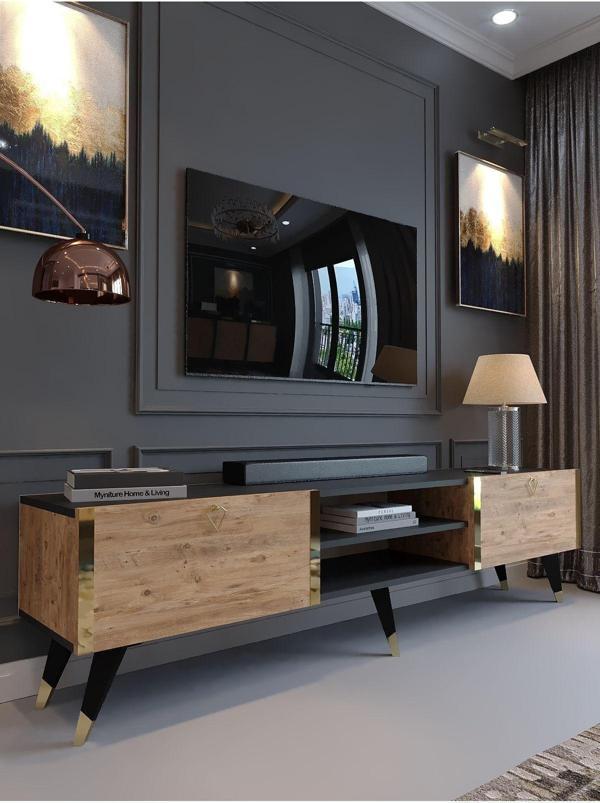 Myniture Home & Living Festival Tv Sehpası G3830-4-6 Gold Antrasit A. Çam - Image 1
