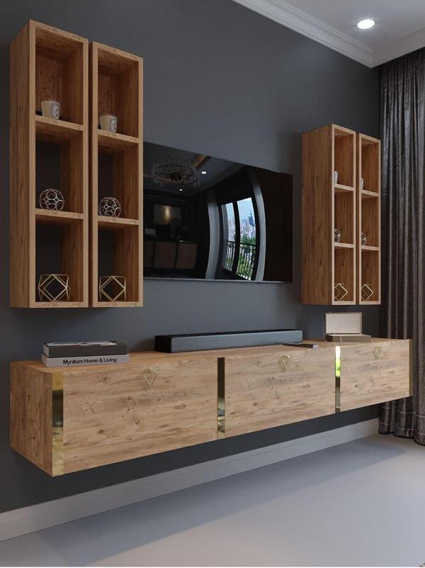Myniture Home & Living Festival Tv Ünitesi G13002-6 Atlantik Çam Gold Duvara Monte Tv Sehpası - Image 1