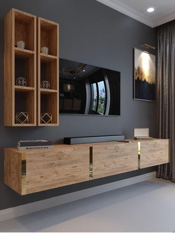 Myniture Home & Living Festival Tv Ünitesi G13003-6 Atlantik Çam Gold Duvara Monte Tv Sehpası - Image 1