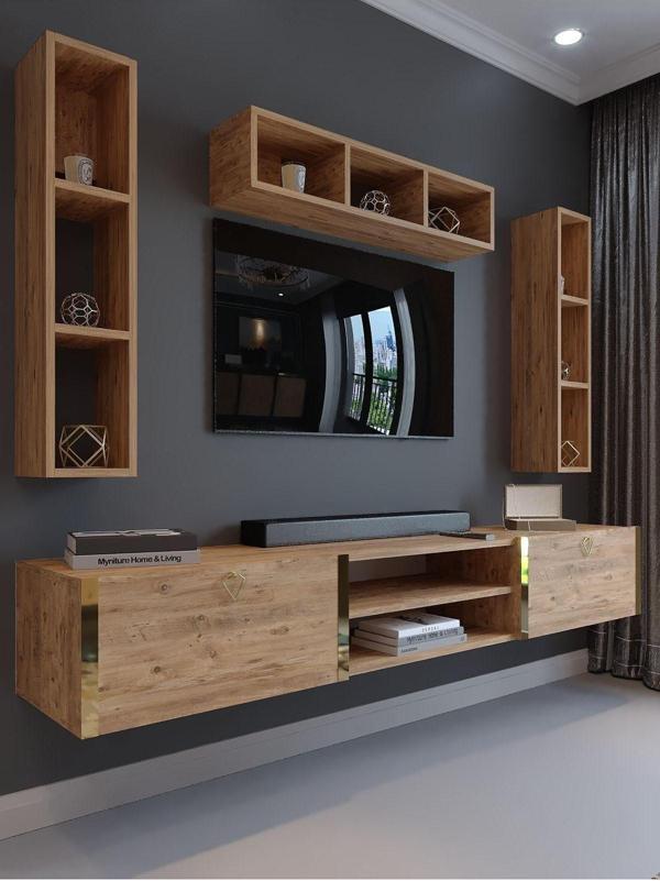 Myniture Home & Living Festival Tv Ünitesi G13006-6 Atlantik Çam Gold Duvara Monte Tv Sehpası - Image 1