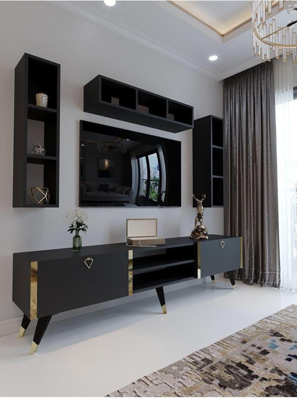 Myniture Home & Living Festival Tv Ünitesi G3006-4 Antrasit - Gold Detaylı Minifiks Bağlantı Tv Sehpası Ve Duvar Rafı - Image 1