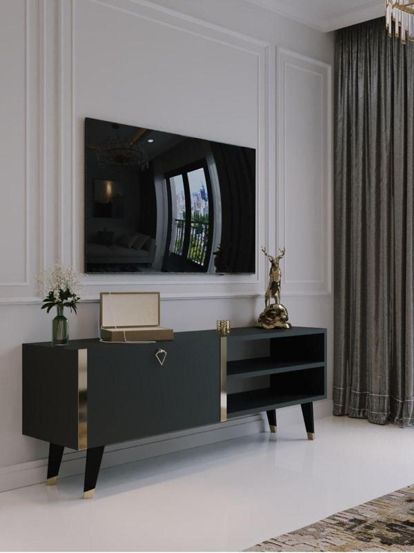 Myniture Home & Living Festival Tv Sehpası G6304-4 Antrasit Gold Detaylı Minifiks Bağlantı Tv Ünitesi - Image 1