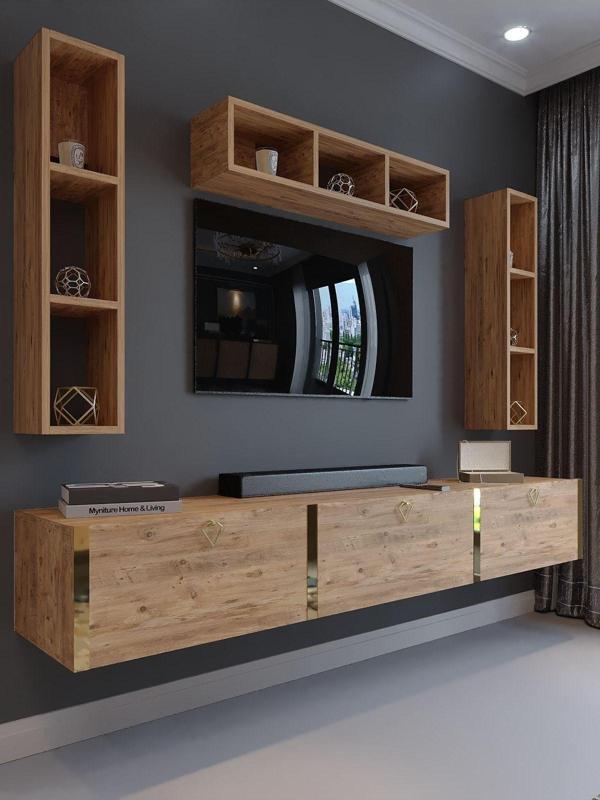 Myniture Home & Living Festival Tv Ünitesi G13007-6 Atlantik Çam Gold Duvara Monte Tv Sehpası - Image 1