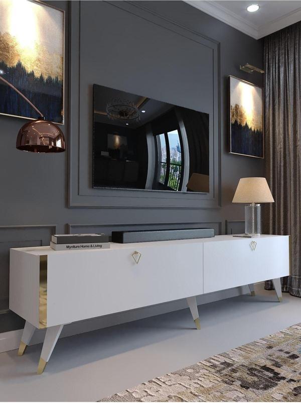Myniture Home & Living Festival Tv Sehpası G3816-1 Parlak Beyaz Gold Minifiks Bağlantı - Image 1