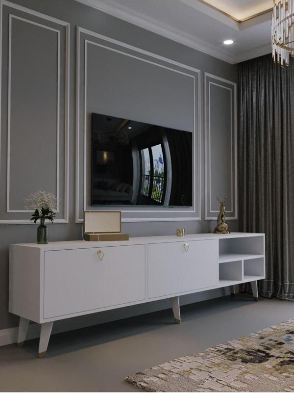 Myniture Home & Living Festival Tv Ünitesi G6501-1 Beyaz Parlak Gold Detaylı Minifiks Bağlantı Tv Sehpası - Image 1