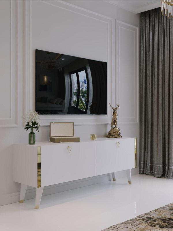 Myniture Home & Living Festival Tv Sehpası G6305-1 Beyaz Parlak Gold Detaylı Minifiks Bağlantı Tv Ünitesi - Image 1