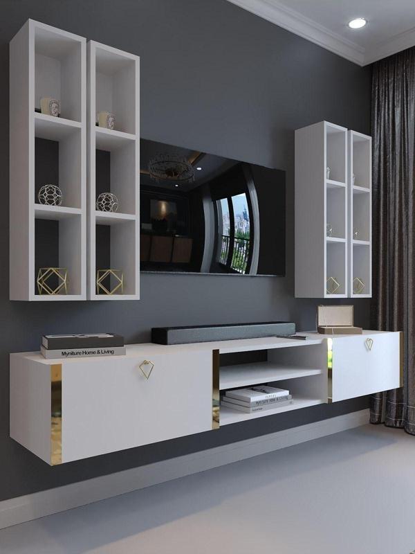 Myniture Home & Living Festival Tv Ünitesi G13001-1 Beyaz Parlak Gold Duvara Monte Tv Sehpası - Image 1