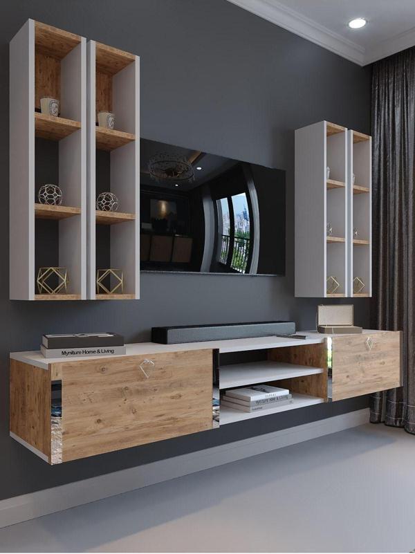 Myniture Home & Living Festival Tv Ünitesi S13001-1-6 Beyaz Atlantik Çam Silver Duvara Monte Tv Sehpası - Image 1