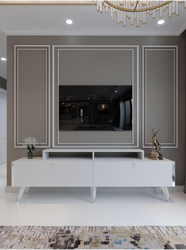 Myniture Home & Living Festival Tv Ünitesi S3010-1 Beyaz Parlak Silver Detaylı Minifiks Bağlantı Tv Sehpası - Image 1