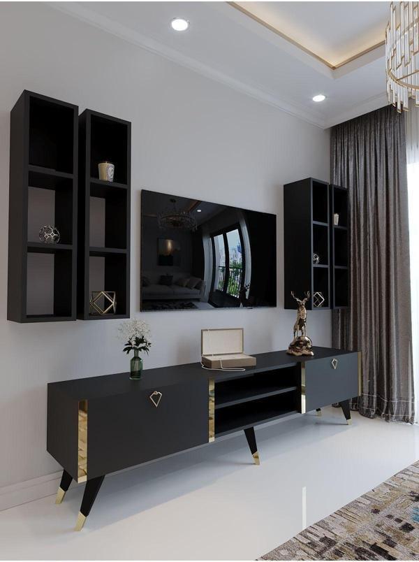 Myniture Home & Living Festival Tv Ünitesi G3001-4 Antrasit - Gold Detaylı Minifiks Bağlantı Tv Sehpası Ve Duvar Rafı - Image 1