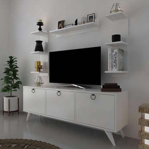 Myniture Home & Living Icon Raflı Tv Ünitesi Q3028-1 Beyaz Kulplu Dolaplı Modern Tv Sehpası - Image 1