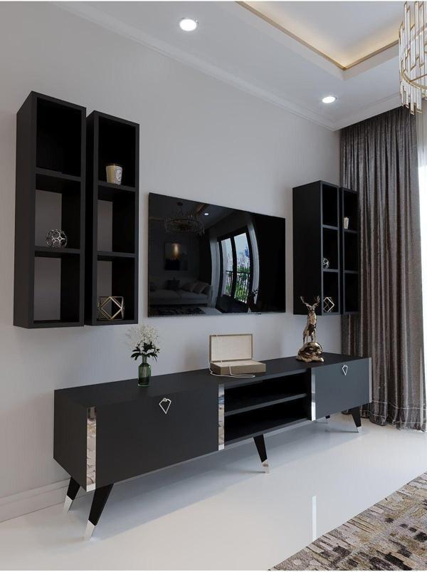 Myniture Home & Living Festival Tv Ünitesi G3001-4 Antrasit - Silver Detaylı Minifiks Bağlantı Tv Sehpası Ve Duvar Rafı - Image 1