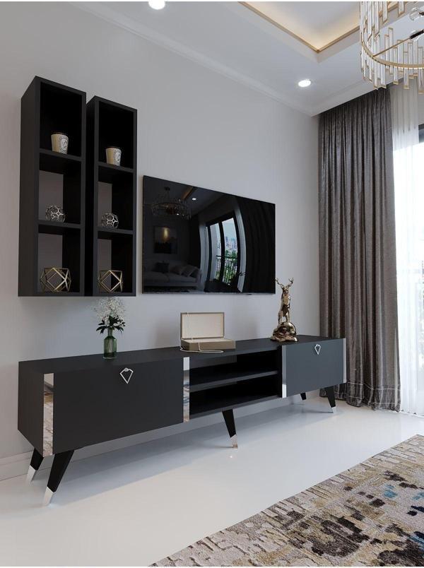 Myniture Home & Living Festival Tv Ünitesi S3000-4 Antrasit - Silver Detaylı Minifiks Bağlantı Tv Sehpası Ve Duvar Rafı - Image 1