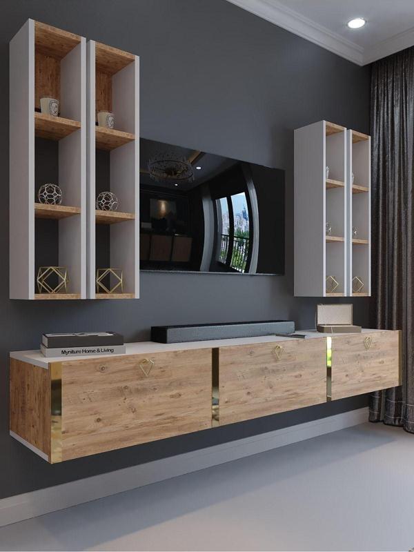 Myniture Home & Living Festival Tv Ünitesi G13002-1-6 Beyaz Atlantik Çam Gold Duvara Monte Tv Sehpası - Image 1