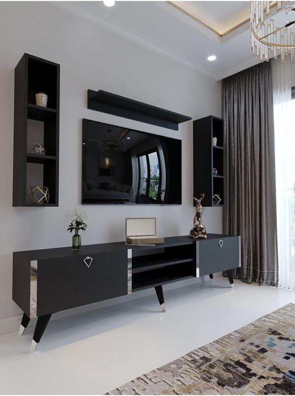 Myniture Home & Living Festival Tv Ünitesi S3009-4 Antrasit - Silver Detaylı Minifiks Bağlantı Tv Sehpası Ve Duvar Rafı - Image 1