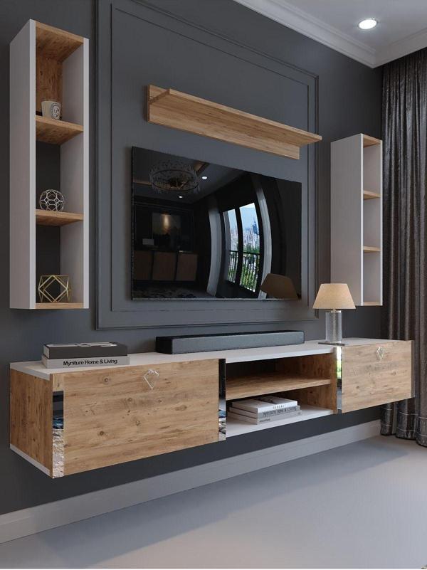 Myniture Home & Living Festival Tv Ünitesi S13009-1-6 Beyaz Atlantik Çam Silver Duvara Monte Tv Sehpası - Image 1
