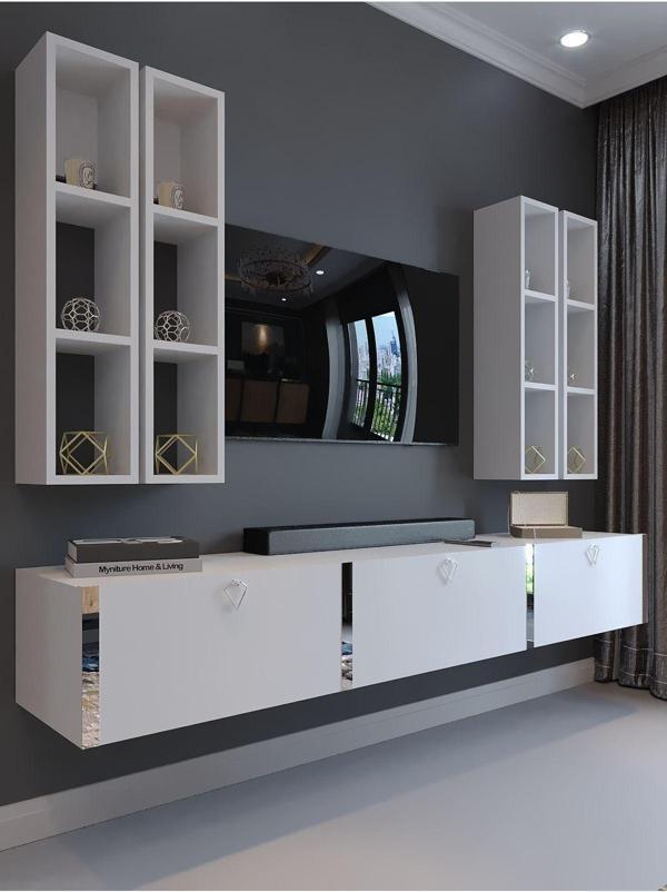 Myniture Home & Living Festival Tv Ünitesi S13002-1 Beyaz Parlak Silver Duvara Monte Tv Sehpası - Image 1