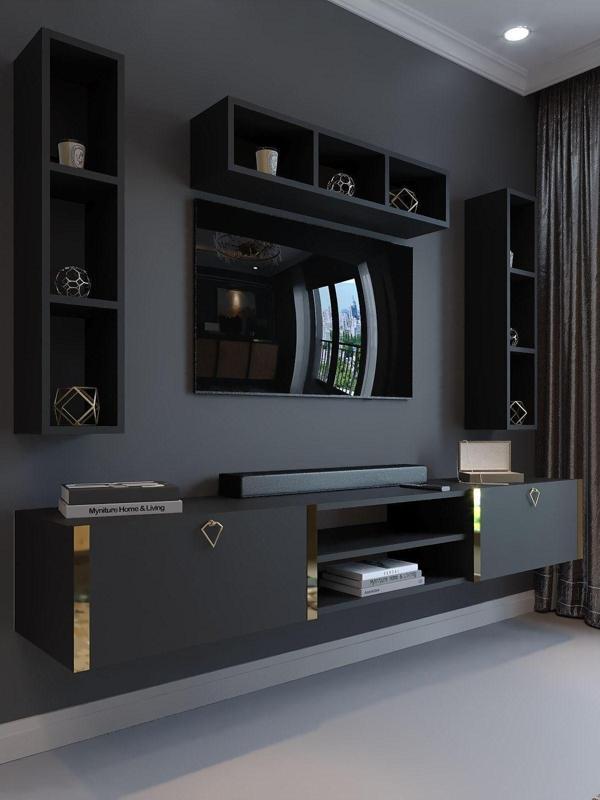 Myniture Home & Living Festival Tv Ünitesi G13006-4 Antrasit Gold Duvara Monte Tv Sehpası - Image 1