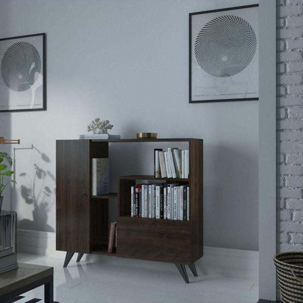 Myniture Home & Living Festival Çok Raflı 2 Dolaplı Kitaplık Modern Ayaklı Kitaplık Ceviz - Image 1