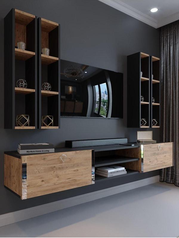 Myniture Home & Living Festival Tv Ünitesi S13001-4-6 Antrasit  A. Çam Silver Duvara Monte Tv Sehpası - Image 1
