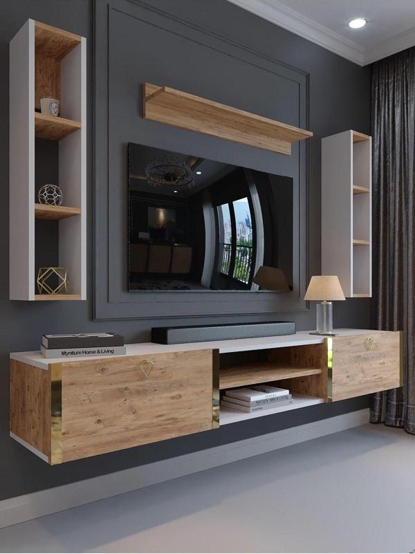 Myniture Home & Living Festival Tv Ünitesi G13009-1-6 Beyaz Atlantik Çam Gold Duvara Monte Tv Sehpası - Image 1
