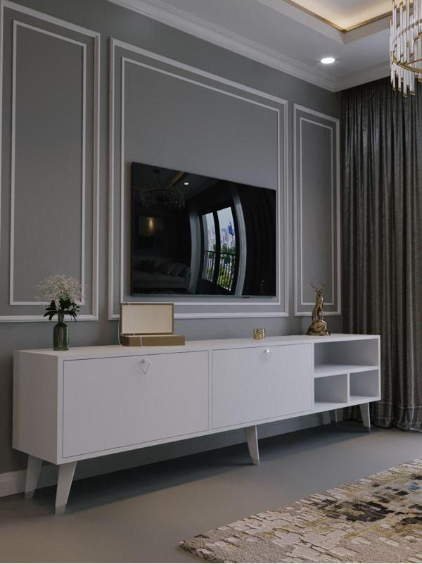 Myniture Home & Living Festival Tv Ünitesi S6501-1 Beyaz Parlak Silver Detaylı Minifiks Bağlantı Tv Sehpası - Image 1