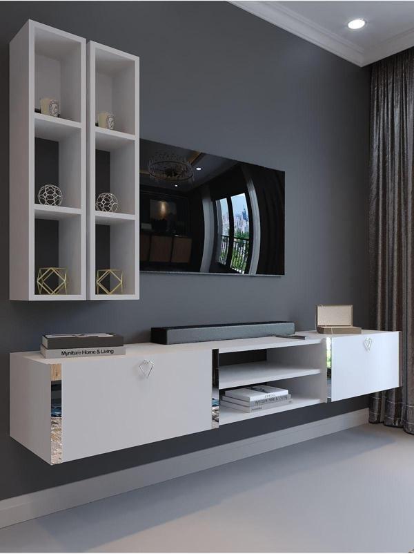 Myniture Home & Living Festival Tv Ünitesi S13000-1 Beyaz Parlak Silver Duvara Monte Tv Sehpası - Image 1