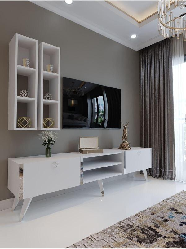 Myniture Home & Living Festival S3000-1 Beyaz Parlak Silver Detaylı Minifiks Bağlantı Tv Sehpası Ve Duvar Rafı - Image 1