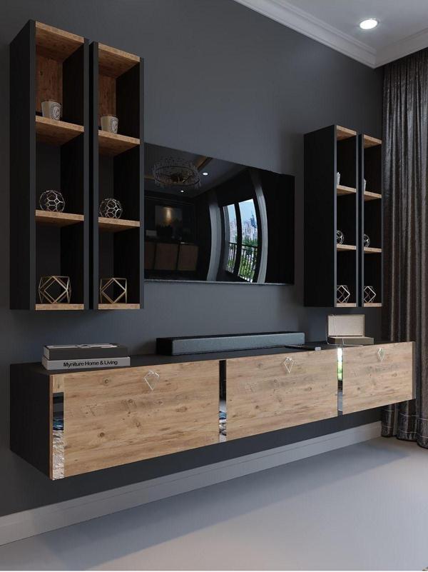 Myniture Home & Living Festival Tv Ünitesi S13002-4-6 Antrasit  A. Çam Silver Duvara Monte Tv Sehpası - Image 1